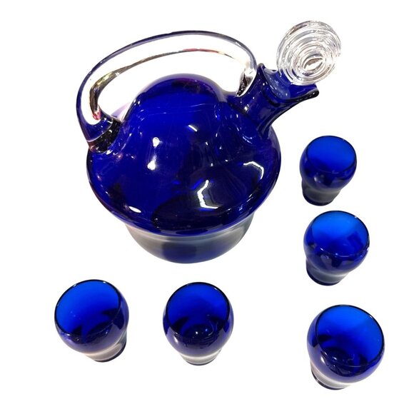 Cobalt Blue Hand-Blown Glass Pitcher & 6 Matching Cups With Swirled Clear Stoppe - Picture 2 of 16